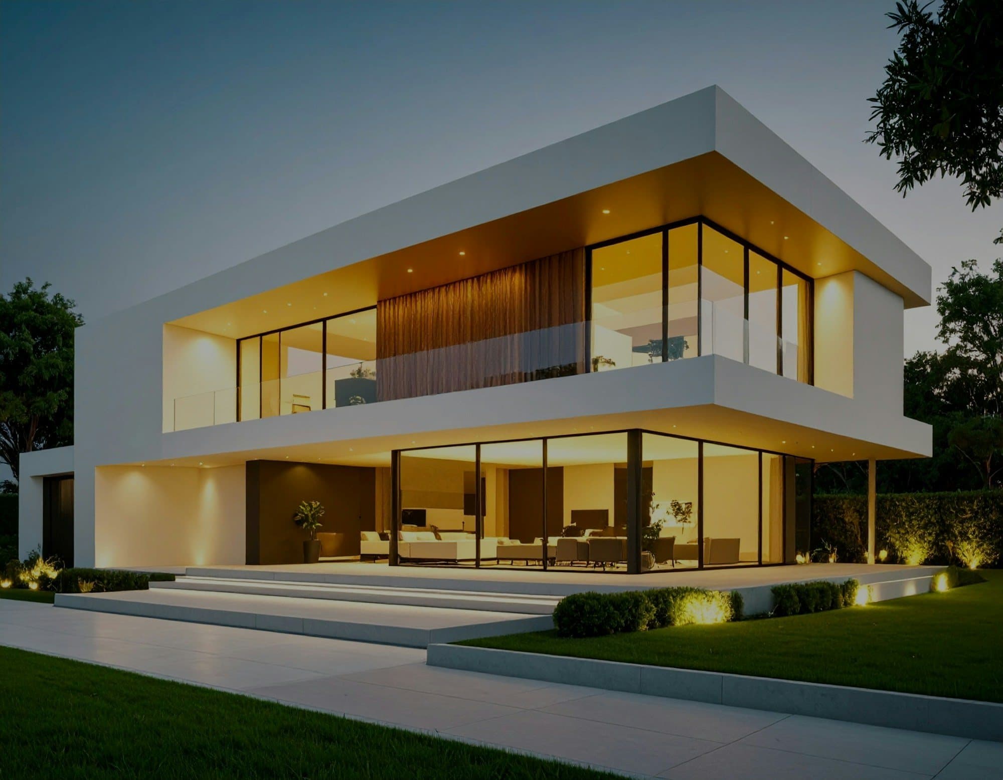 Modern two-storey house glowing with warm interior light at dusk