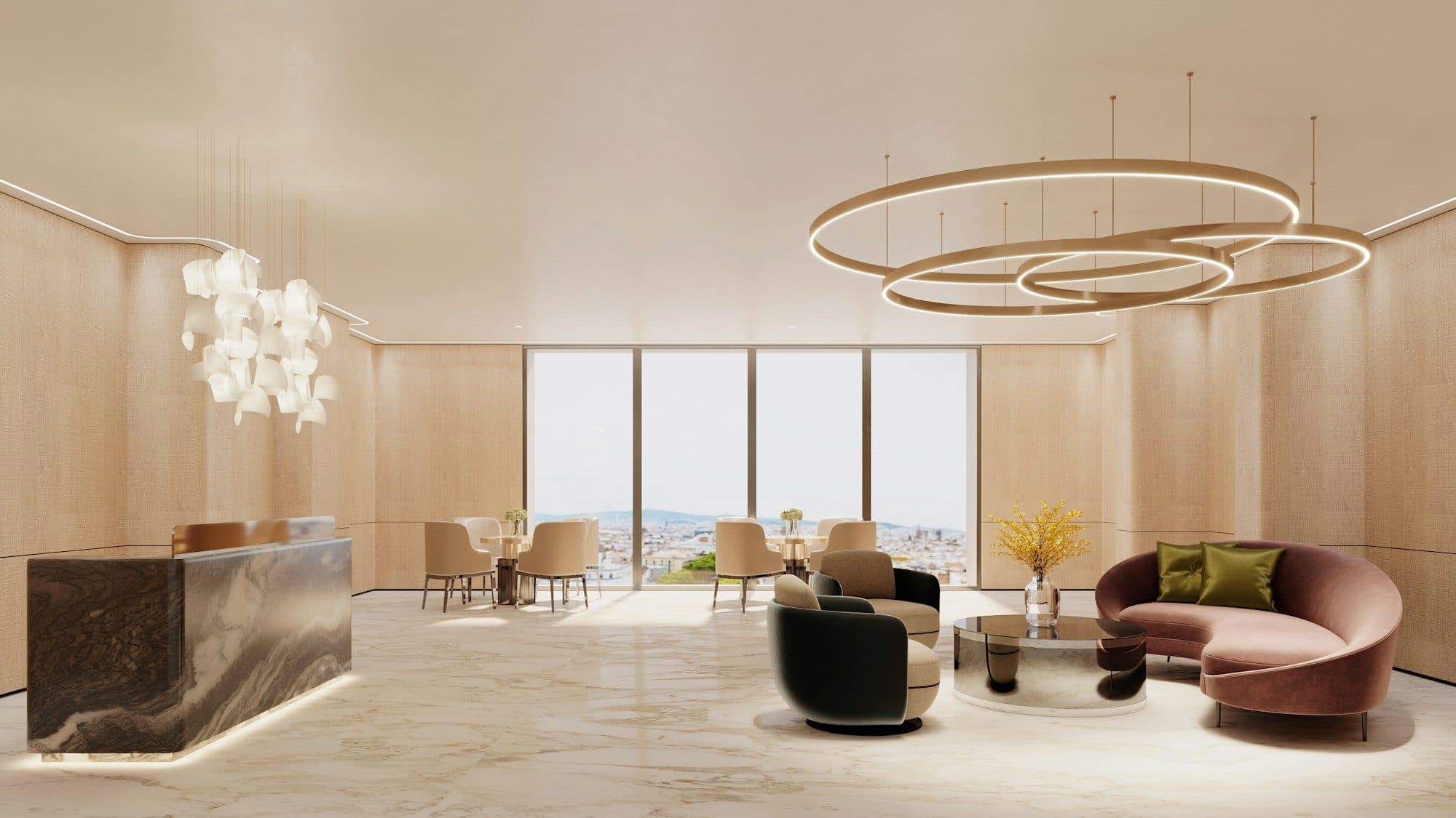 A calm, modern lounge with sculptural furniture and tall windows