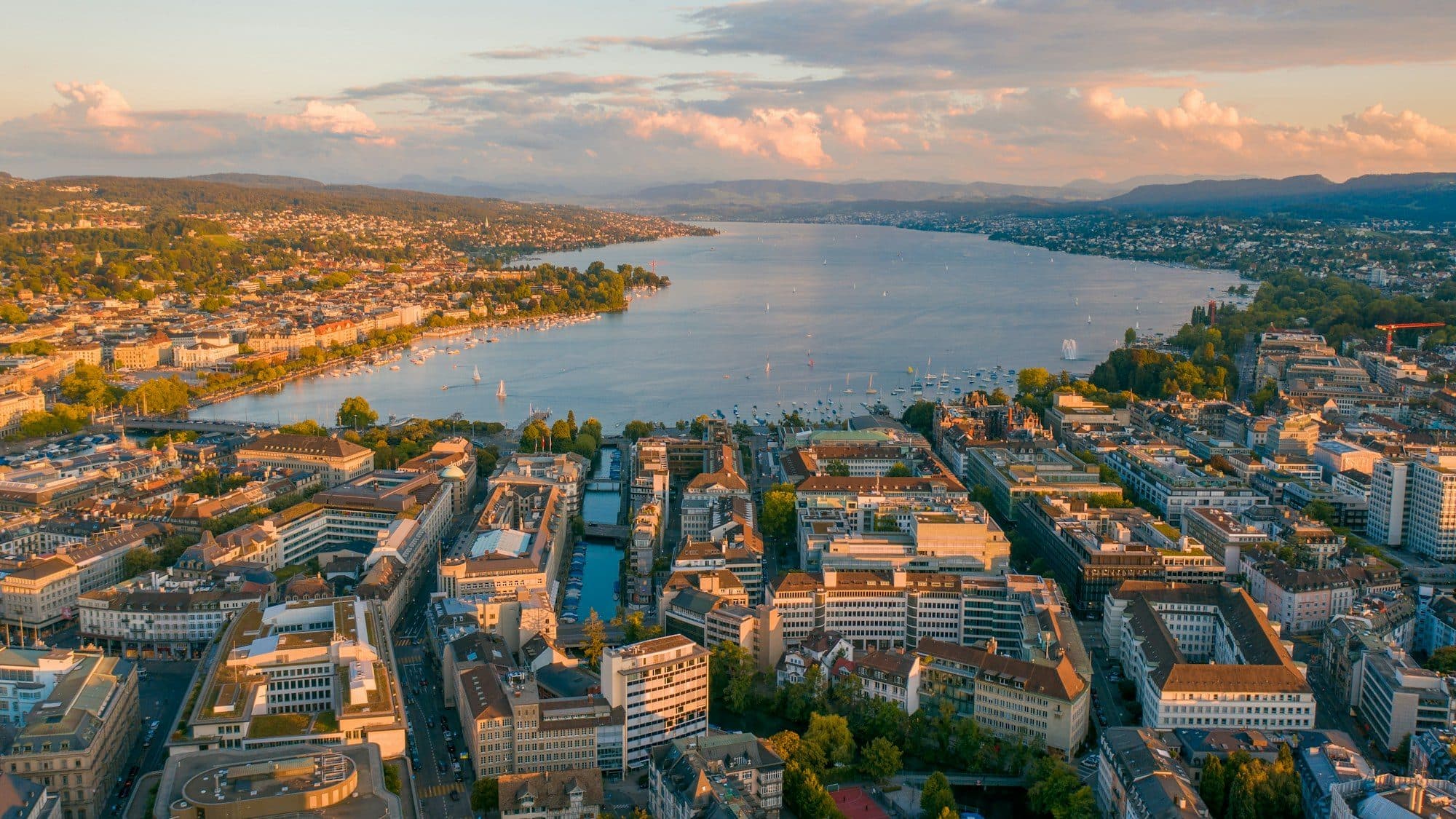 Aerial view of Zürich and Lake Zürich at golden hour